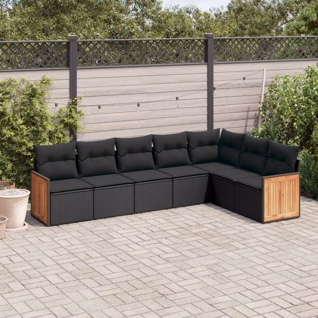 Set di Divani da Giardino a L vidaXL in Polyrattan Nero con 7 Cuscini Imbottiti e Coperture Rimosse – 1