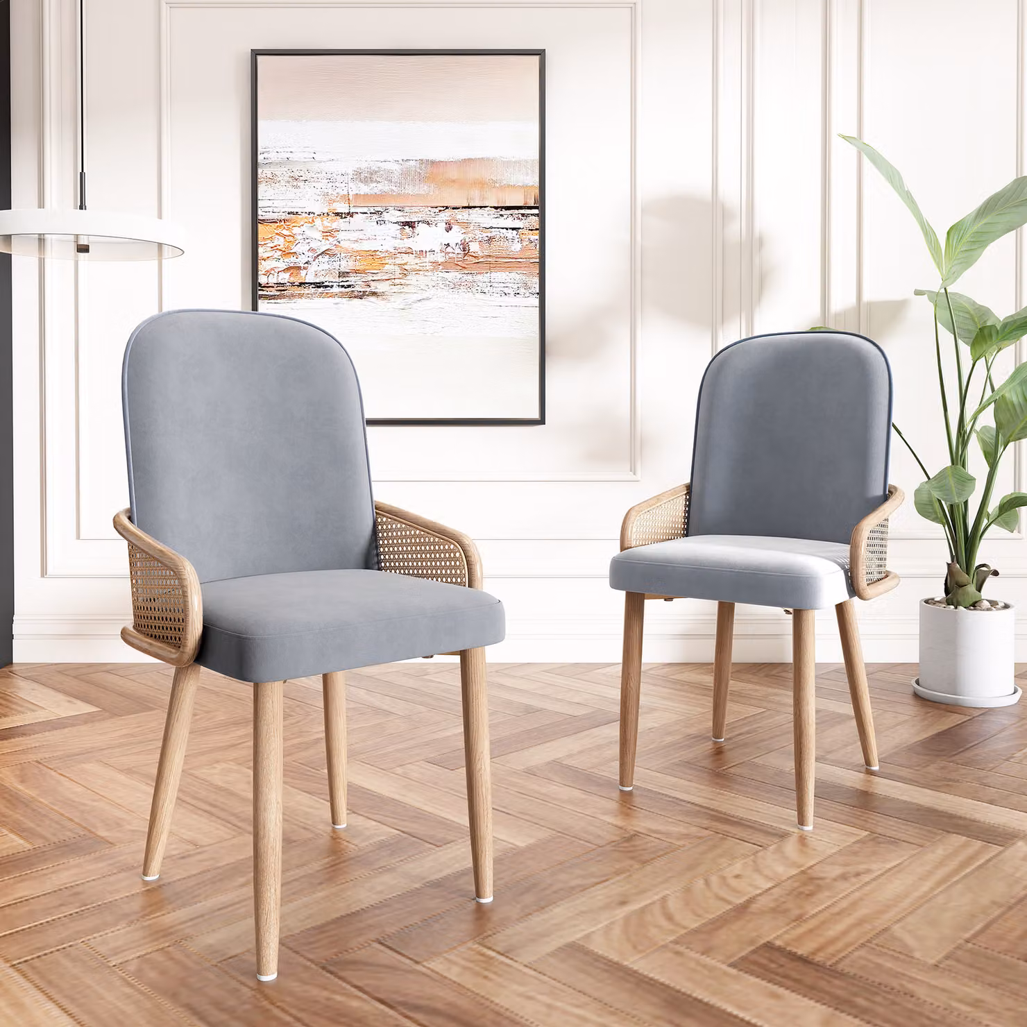 okwish: 2 sedie da pranzo, poltrona relax. Sedia da cucina, poltrona imbottita, poltrona da salotto, sedia imbottita, con quattro gambe in metallo, design effetto rattan, colore grigio