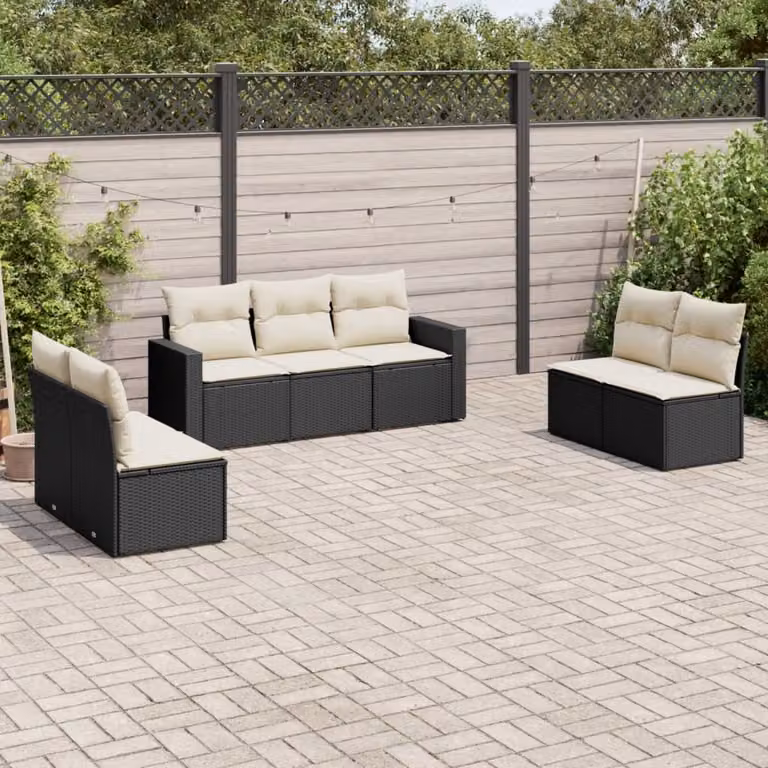 Set di Divani da Giardino vidaXL a Forma di L in Polyrattan Nero con 7 Cuscini Imbottiti e Rivestimenti Rimovibili