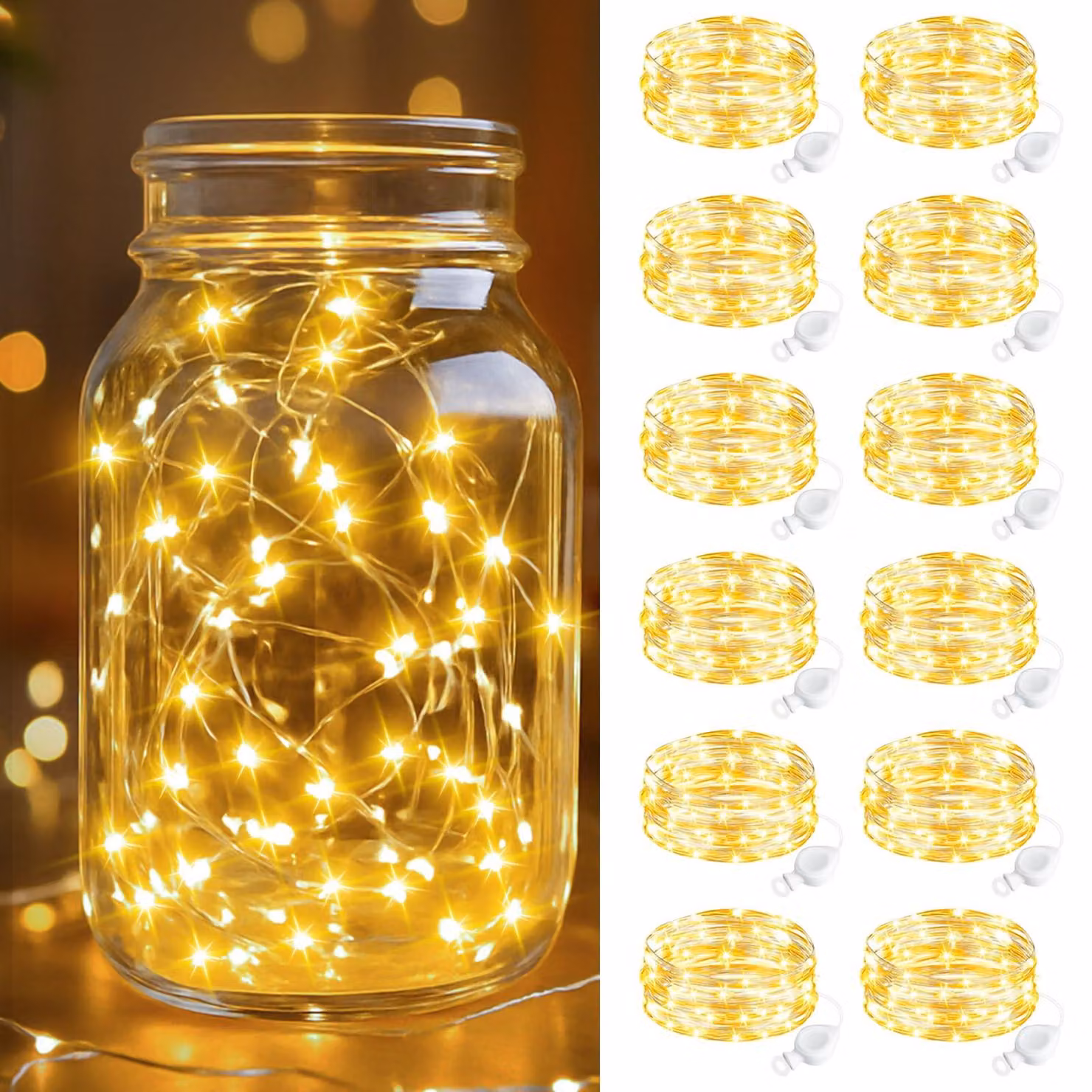 Catena luminosa a LED, set da 12, lunghezza 24 metri, 240 LED, luce bianco caldo, alimentazione a batteria