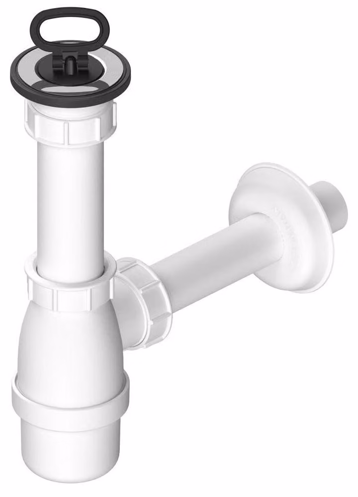 Sifone per lavabo, uscita in acciaio inox, tappo con anello