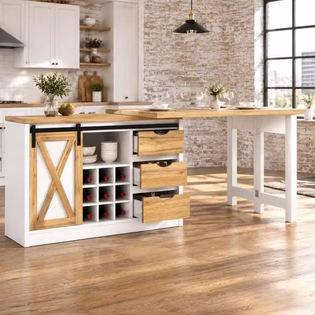 Isola da cucina 2 in 1 con tavolo orientabile; 120-197 x 40 x 72 cm; MDF e metallo bianco