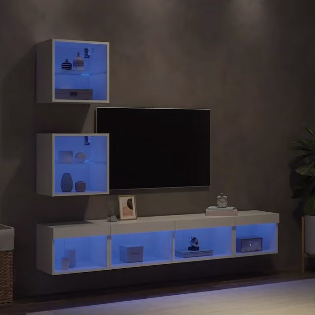 Mobile TV a muro VIDAXL moderno in legno bianco lucido con illuminazione LED integrata e scomparti multimediali – 1