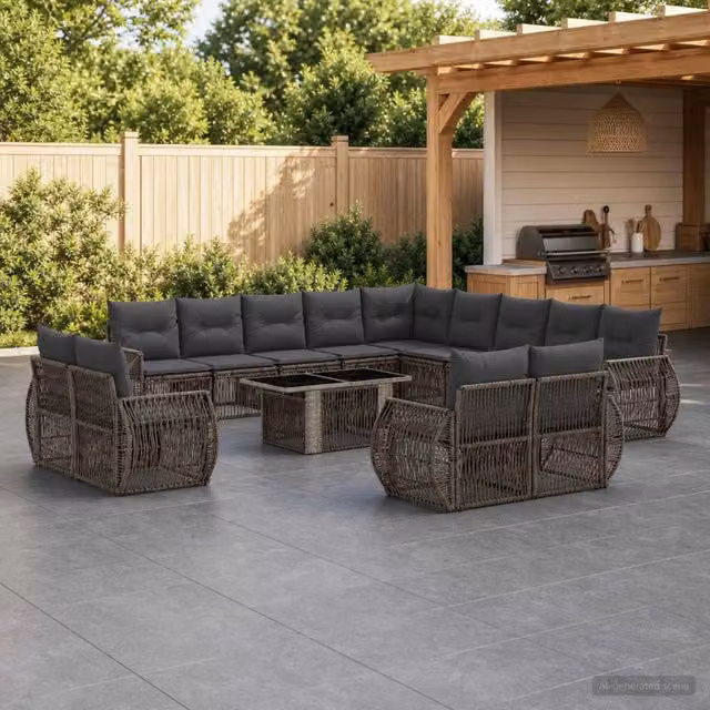 Set Divano da Giardino vidaXL in Polyrattan Grigio con Cuscini e Tavolino da Esterno a Forma di U – 1