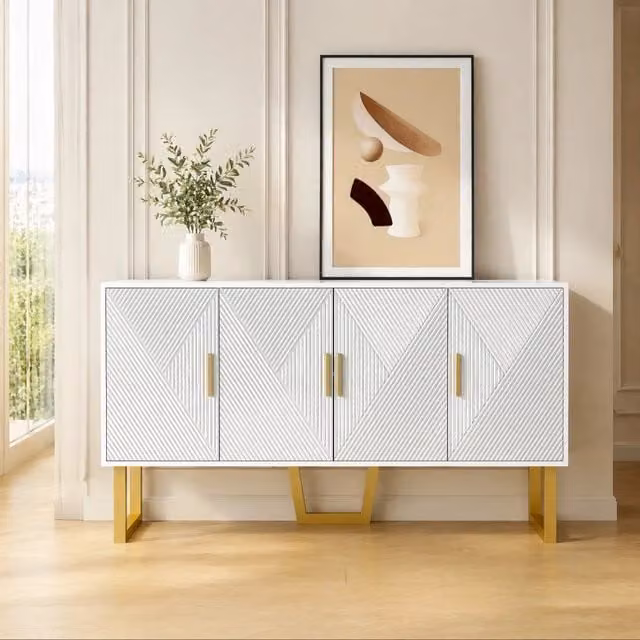 Madia moderna 150 cm bianca in MDF e truciolare; con ante lucide; 4 ante e ripiani regolabili