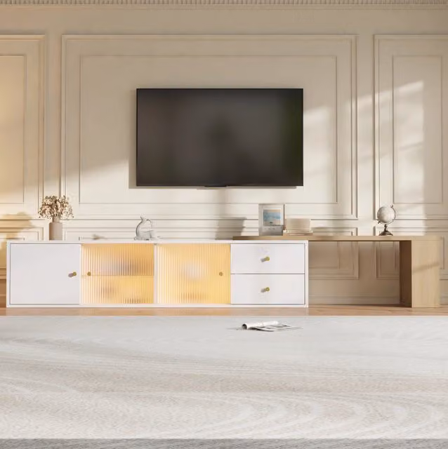 Mobile TV ULEVR estensibile 175x40x35,5 cm con LED RGB, 2 cassetti e ante scorrevoli in vetro, bianco e naturale