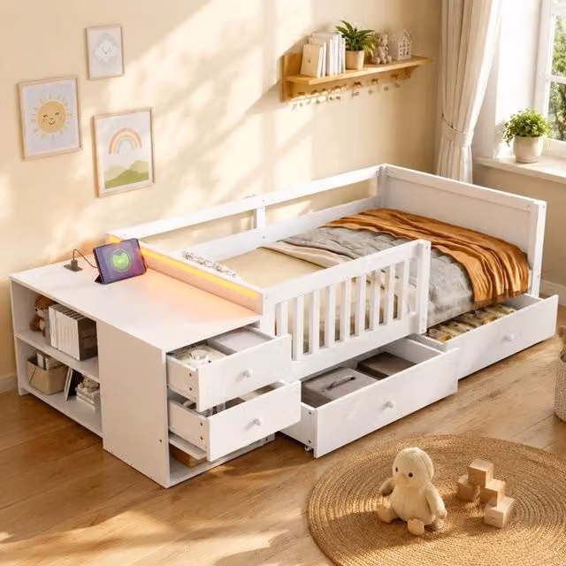 Letto a soppalco singolo per bambini bianco con vani laterali, illuminazione LED e porta USB, L/P/H: 200 x 90 x 245 cm
