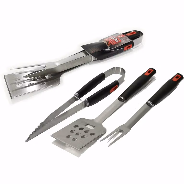 Gusto Casa Set di 3 Utensili per Barbecue in Acciaio Inox e Plastica, Colore Argento
