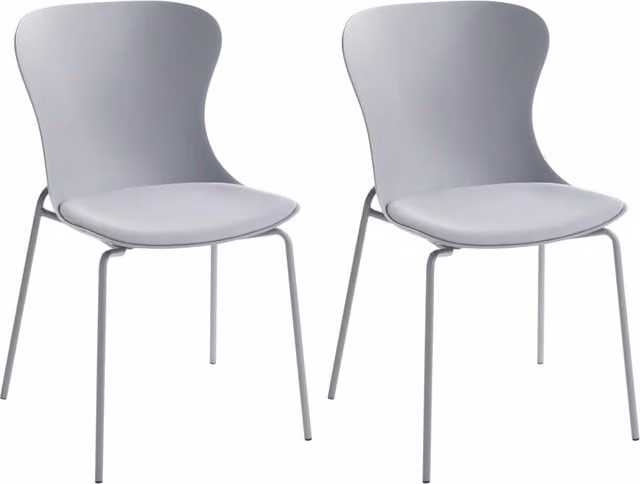 Set di 2 sedie da pranzo con seduta in materiale sintetico grigio e struttura in metallo, con cuscino, in stile minimalista scandinavo
