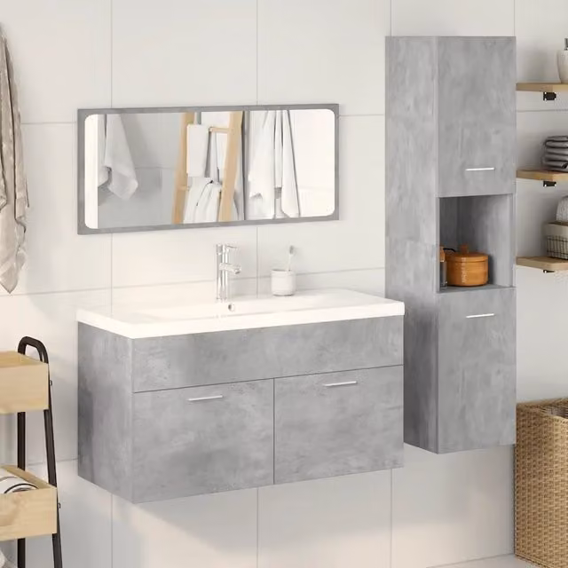 Set Mobili da Bagno Moderno vidaXL in Legno e Ceramica, Colore Grigio e Bianco, con Mobile Lavabo e Pensile a Parete