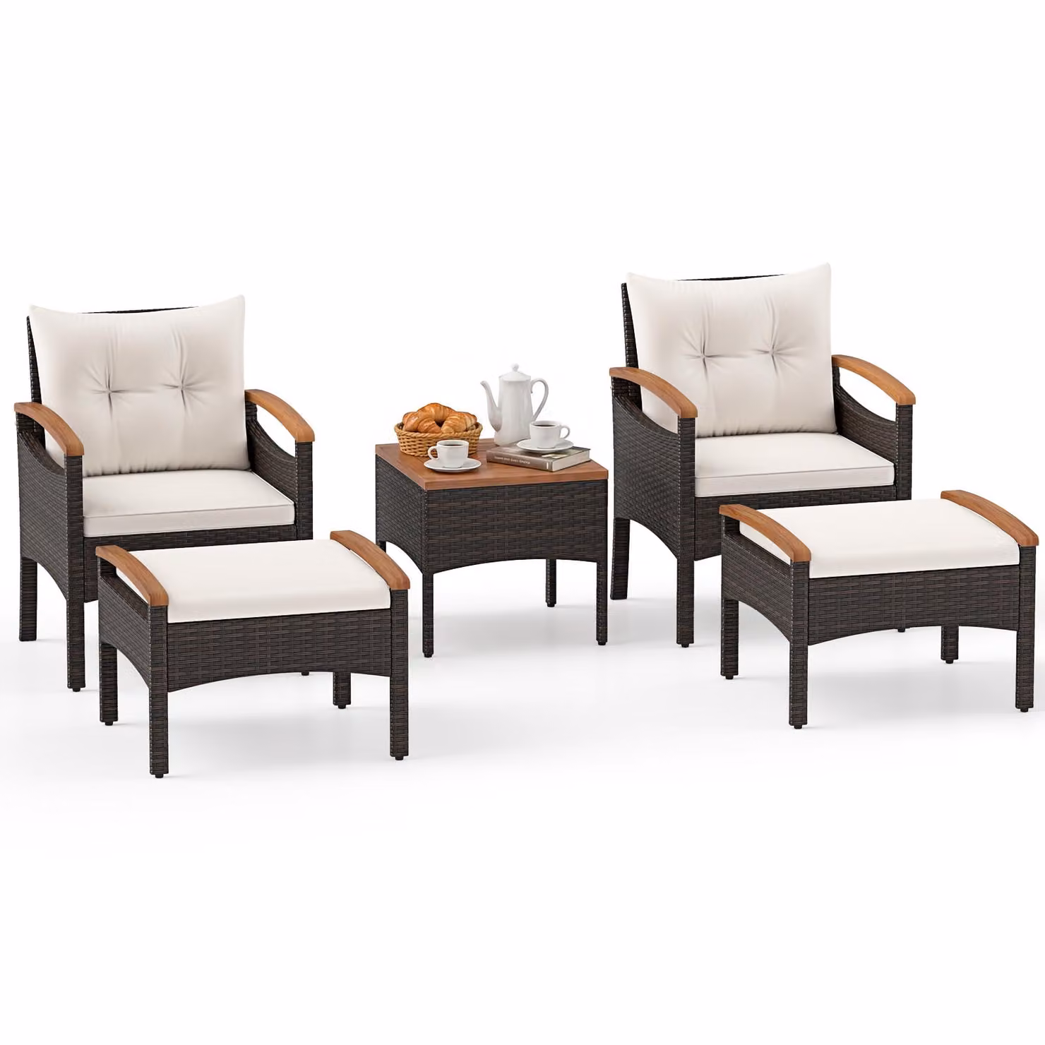 Set di mobili da giardino in polyrattan COSTWAY, 5 pezzi. Set da balcone comprensivo di 2 sedie con poggiapiedi, tavolo e cuscini, piano del tavolo e braccioli in legno di acacia, gruppo sedute bianco