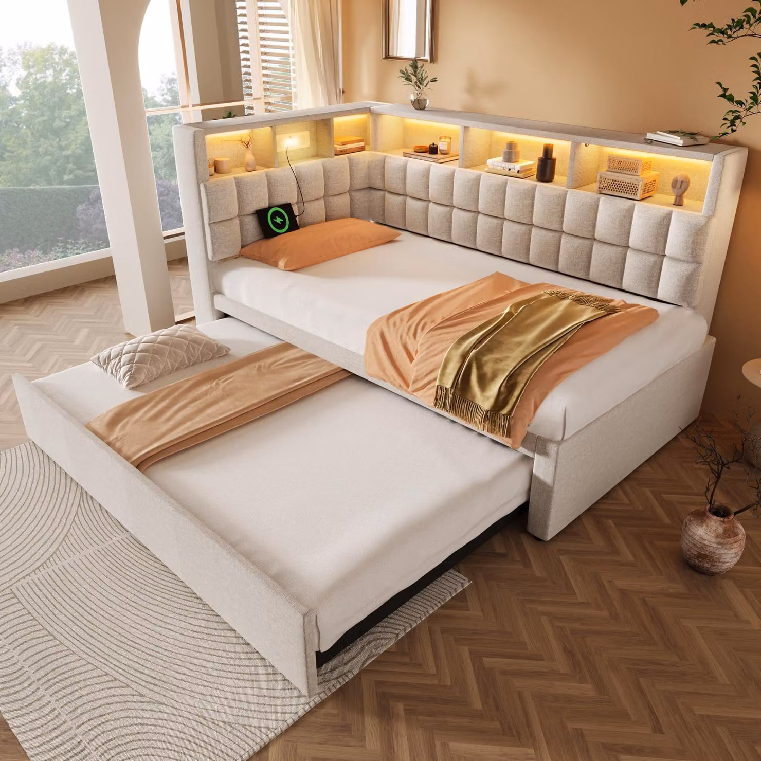 okwish divano letto 90x200 letto per ragazzi con letto estraibile, struttura letto con connessione di ricarica USB e Type-C, letto singolo per ospiti con testiera a L con ripiano per riporre oggetti, beige (senza materasso)