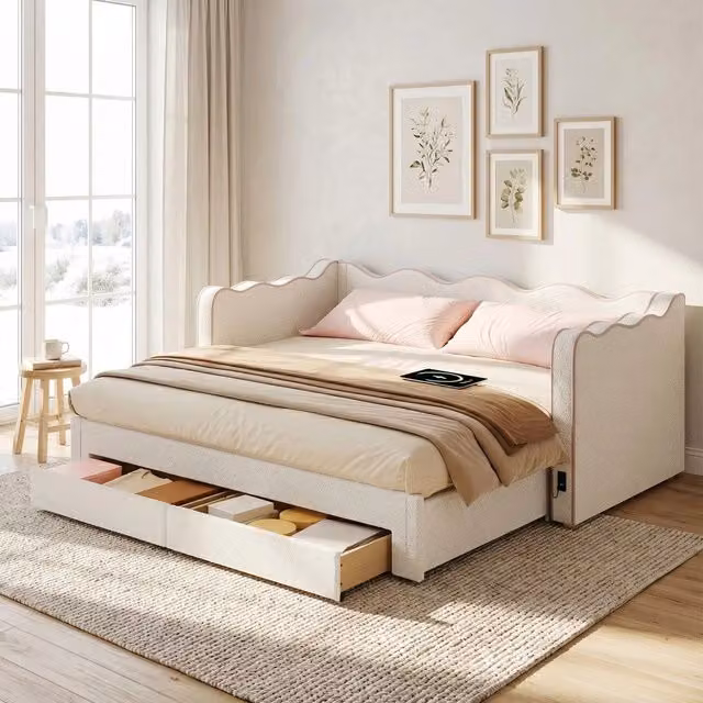 Letto imbottito estraibile con 2 cassetti ¨C Minimal ¨C beige boucl¨¦ 90x200 cm estensibile a 180 cm con USB