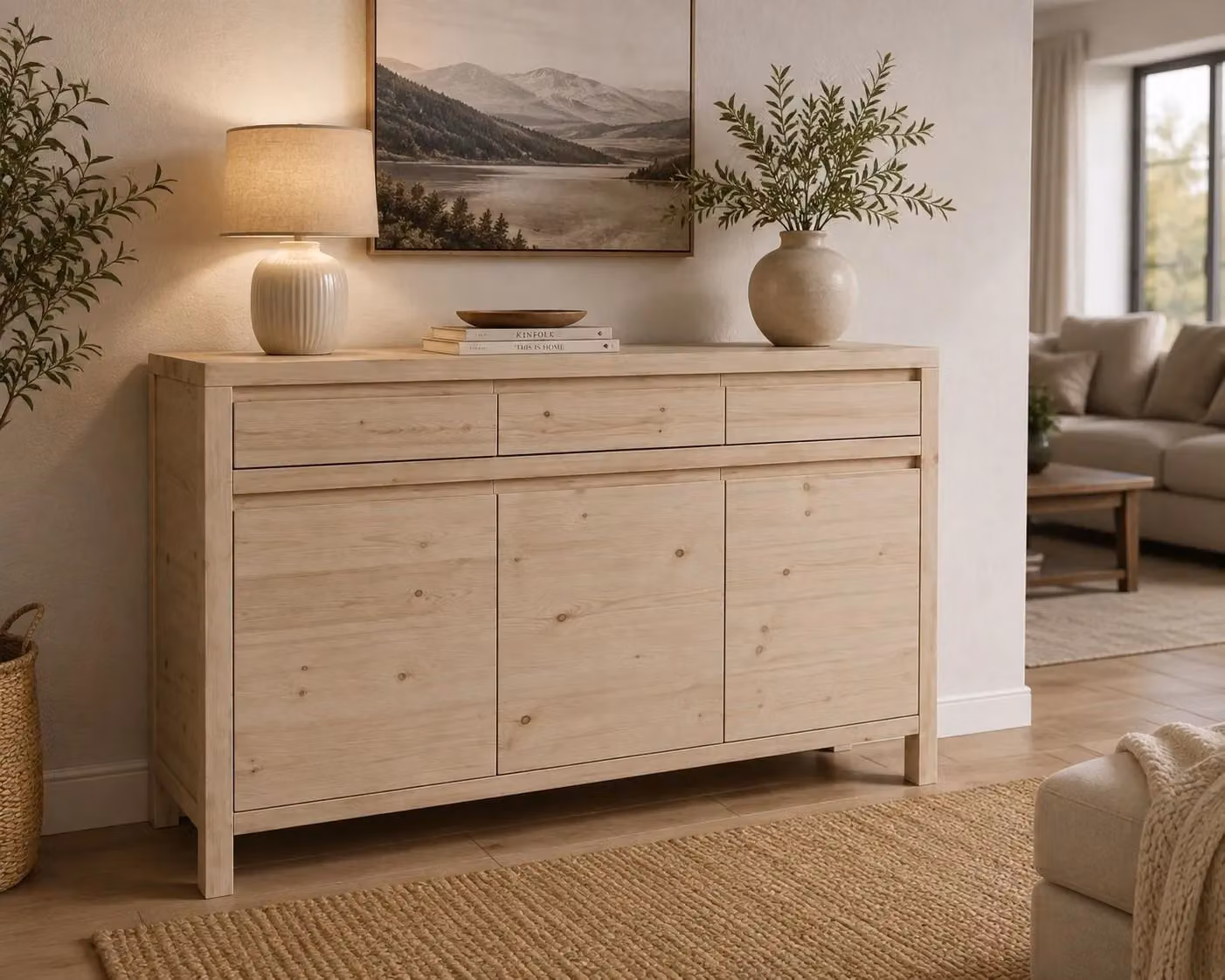 Credenza Mobili 2G con 3 porte e 3 cassetti in legno massello di abete grezzo beige L/P/H: 150 x 50 x 95 cm – 3