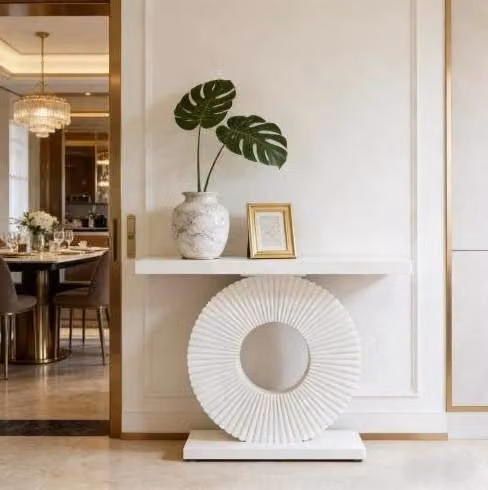 Tavolo consolle bianco in MDF e metallo con base geometrica, portata 113 kg