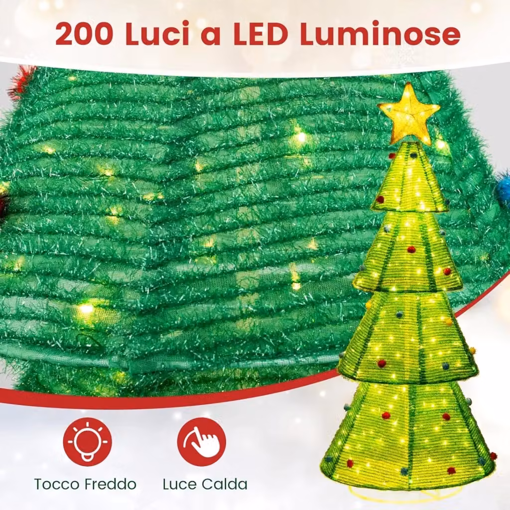 Albero di Natale Pieghevole Costway Verde con 200 Luci LED Bianco Caldo e Decorazioni, Altezza: 190 cm – 2