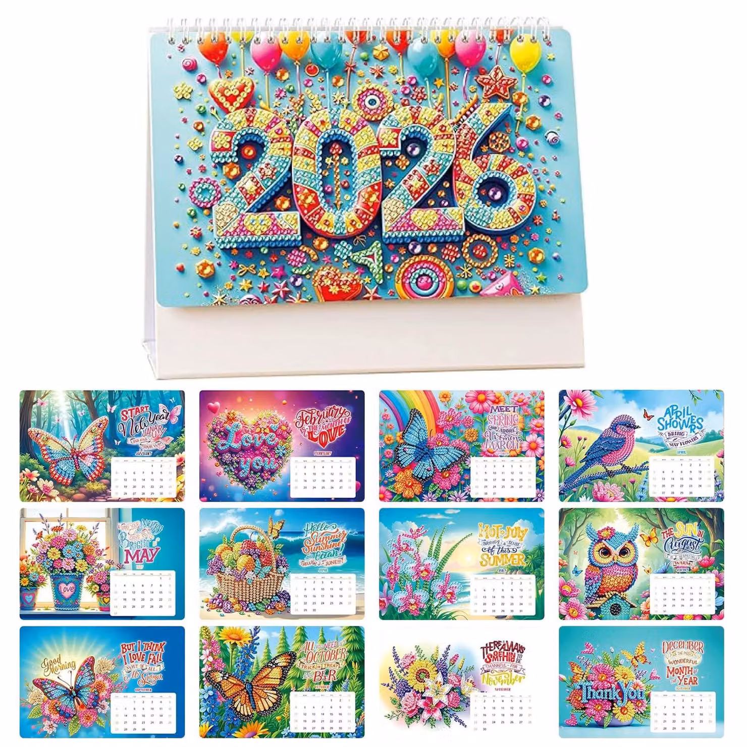 Calendario da tavolo con tecnica Diamond Painting per il 2026 - Regalo fai-da-te - 12 mesi