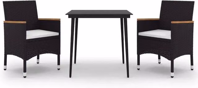 Set da Pranzo da Giardino Moderno in Polyrattan con Tavolo in Vetro e Cuscini, 3 Pezzi, Bianco e Nero