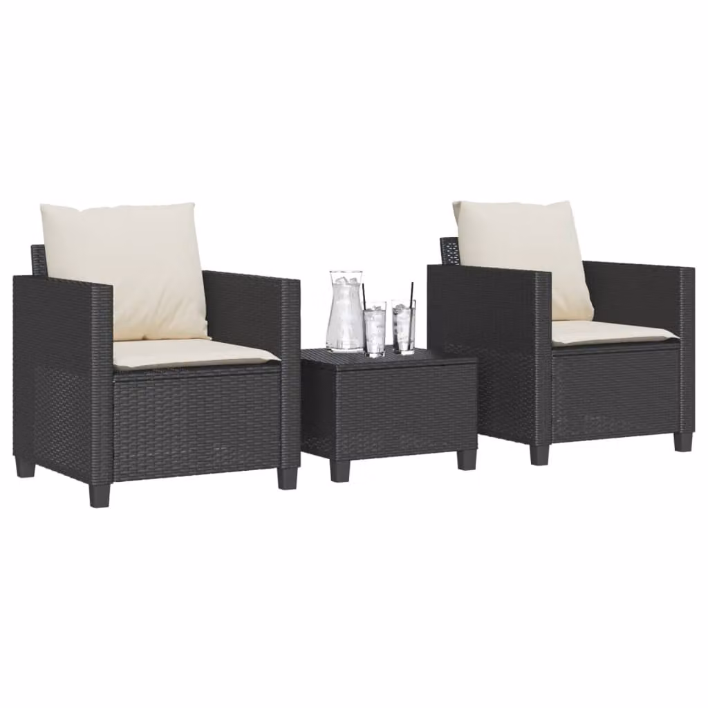 Set da Bistrò vidaXL in Polyrattan Nero con 3 Pezzi e Cuscini per Giardino e Terrazzo