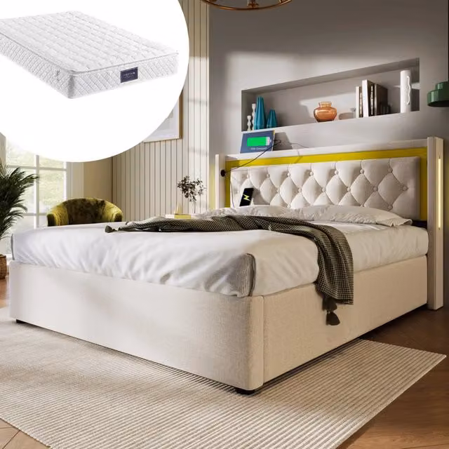 Letto matrimoniale contenitore ULEVR 140x200 cm con materasso, LED, 2 USB e 2 Type-C, beige