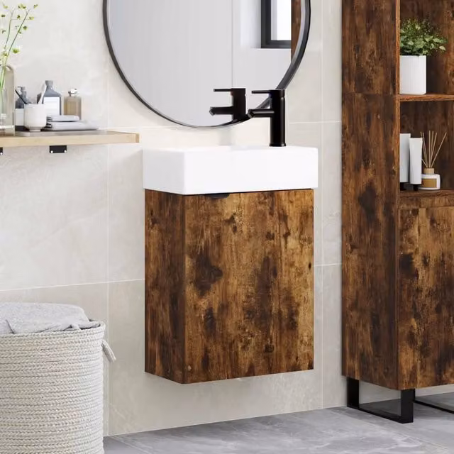 Mobile bagno moderno vidaXL con ante a battente e ripiani interni, colore Rovere Fumo e Bianco, L/P/H: 45,5 x 22,5 x 84 cm