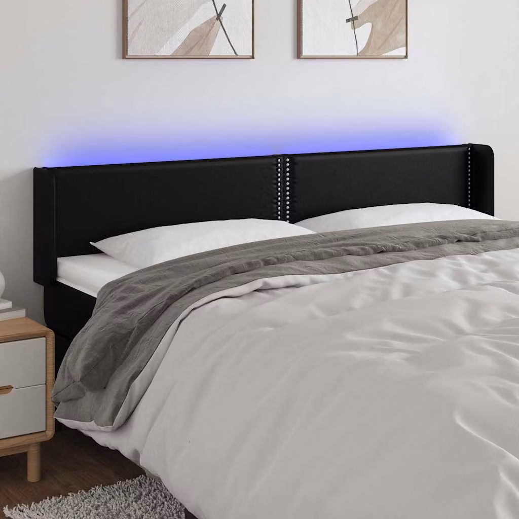 Testiera per letto vidaXL in similpelle nera con illuminazione LED e porta di ricarica USB, L: 203 cm, P: 16 cm, H: 78-88 cm