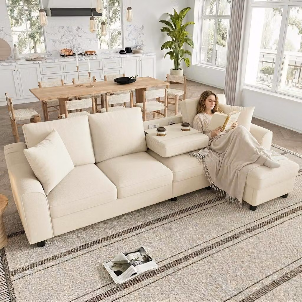 Divano ad angolo a L Merax a 4 posti, divano in ciniglia con chaise longue, schienale ribaltabile, portabevande, contenitore per la biancheria da letto, vano portaoggetti, divano, beige