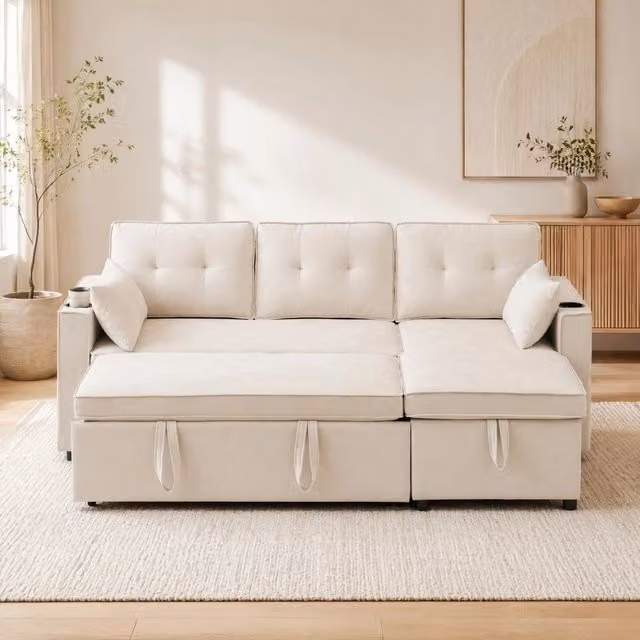Divano letto 211x130 cm beige; tessuto effetto lino con chaise longue reversibile