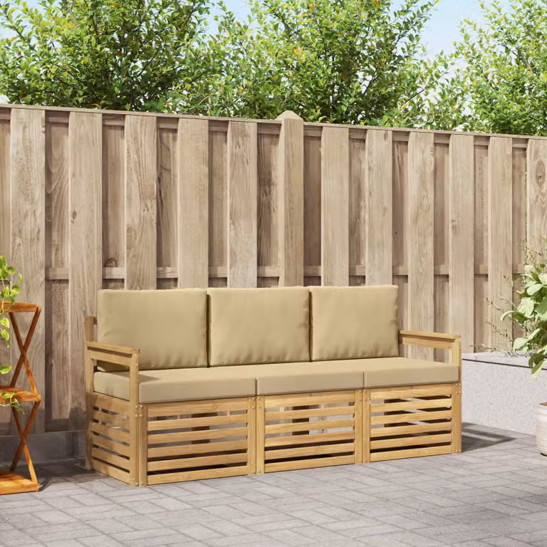 Set di divani da giardino vidaXL in legno di acacia con cuscini, Bianco e Beige