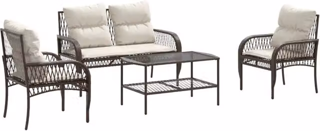 Set Divano da Giardino 4 pz | Set Salotto da Giardino con Cuscini Marrone in Polyrattan