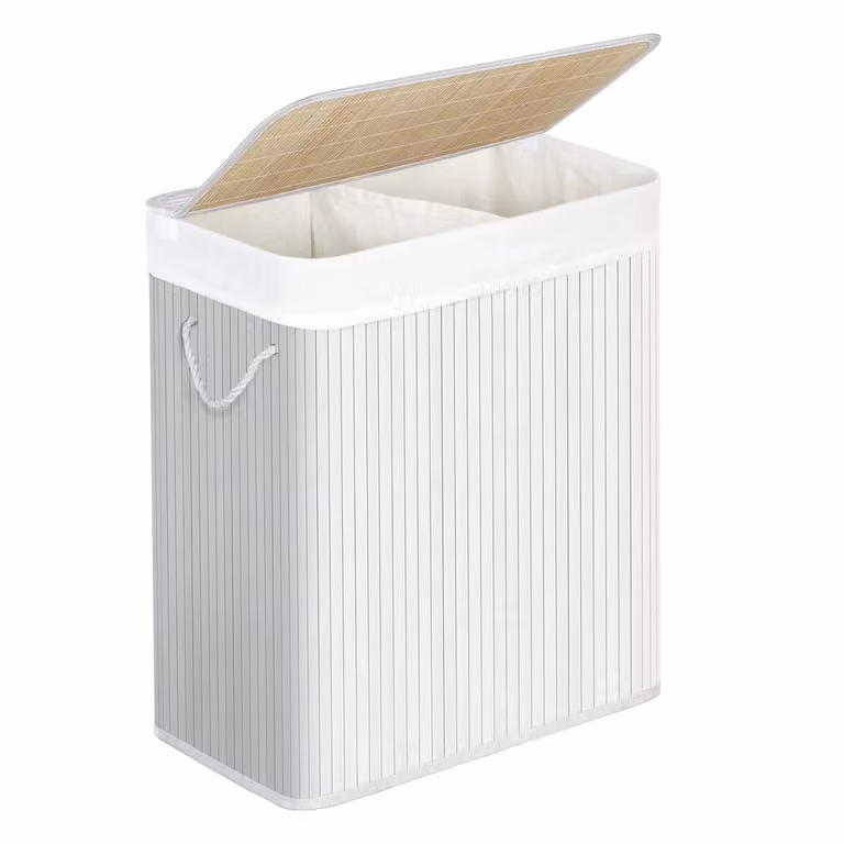 Cesto Portabiancheria in Bambù, Bianco / 100 L