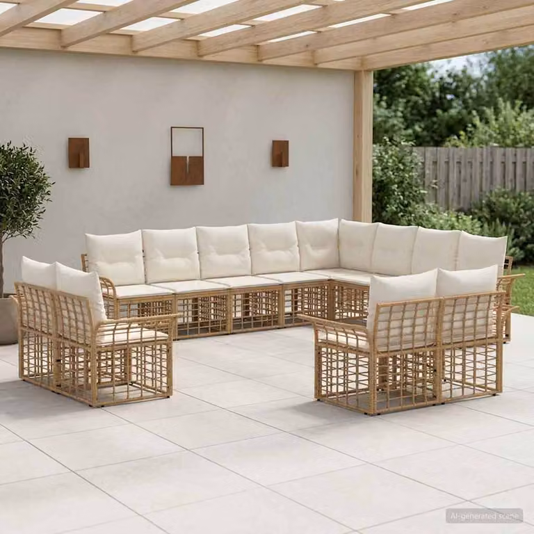 vidaXL Set di divani da esterno 12 pz a forma di U in stile rustico, beige e bianco con struttura in metallo e cuscini inclusi