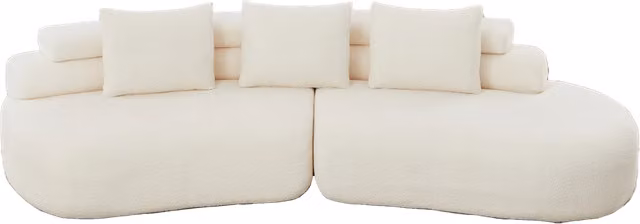 Divano modulare due pezzi color crema in chenille con design curvo e senza braccioli, comprensivo di tre cuscini schienale