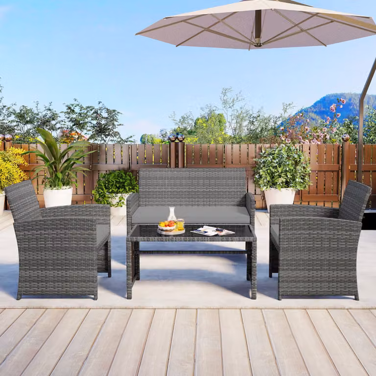 Set conversazione da esterno Costway 4 pezzi in polyrattan con cuscini e tavolo in vetro temperato Grigio