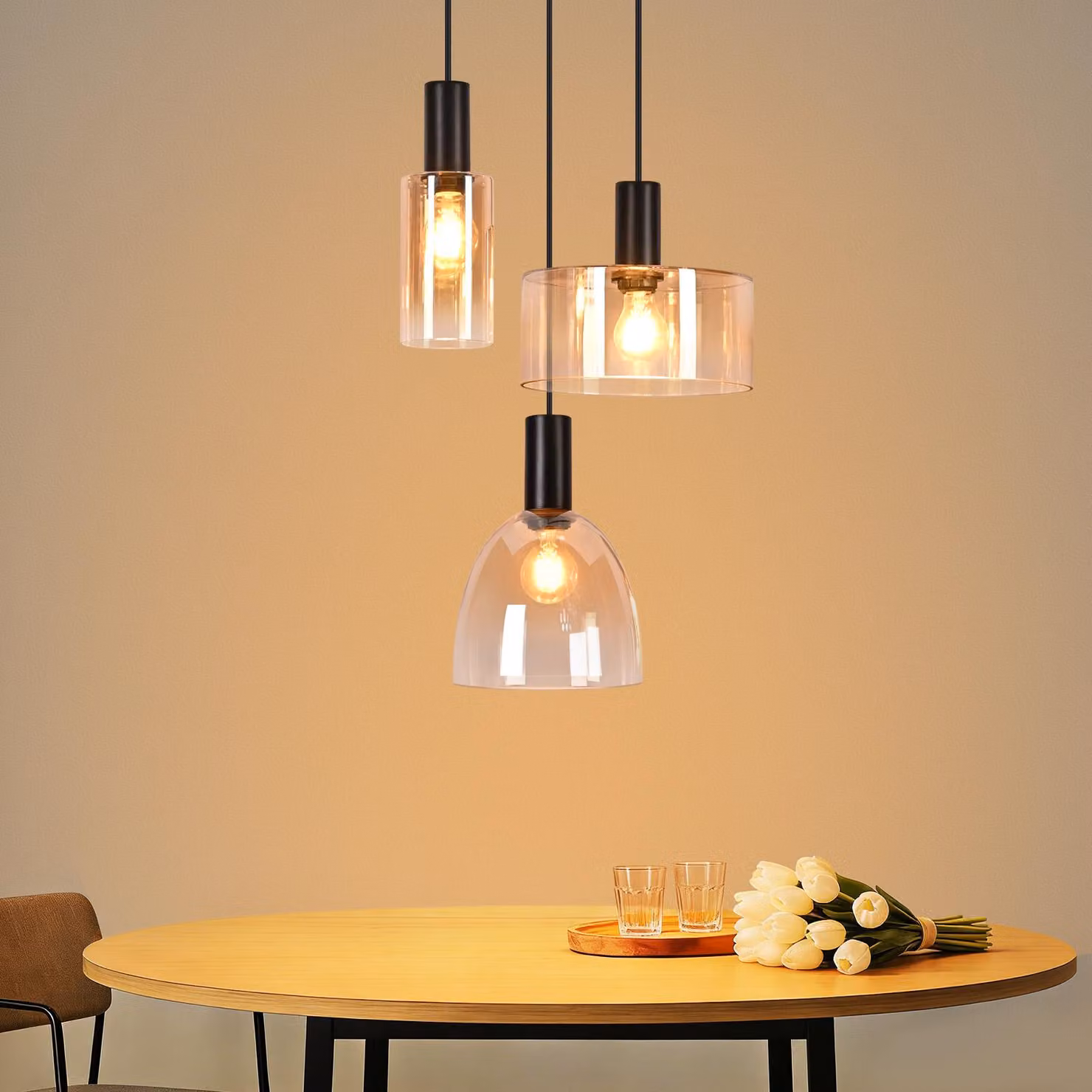 Lampada a sospensione ZMH, 3 luci, rotonda, in vetro, ideale per la sala da pranzo. Lampada a sospensione per tavolo da pranzo, attacco E27, regolabile in altezza, adatta anche per il soggiorno
