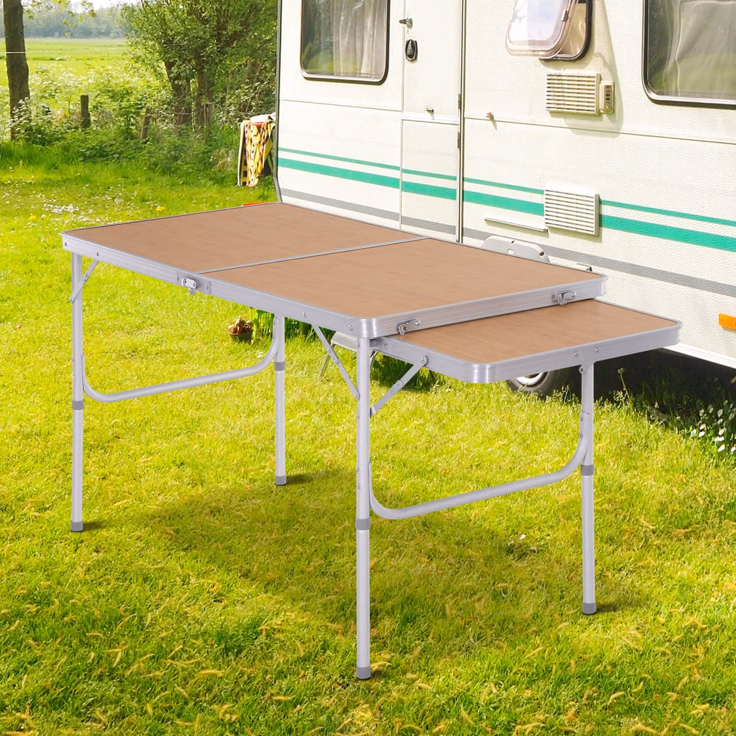Tavolo da campeggio pieghevole ed espandibile Outsunny in alluminio con altezza regolabile, Colore Legno, L 120 x P 60 x H 40/70 cm – 2