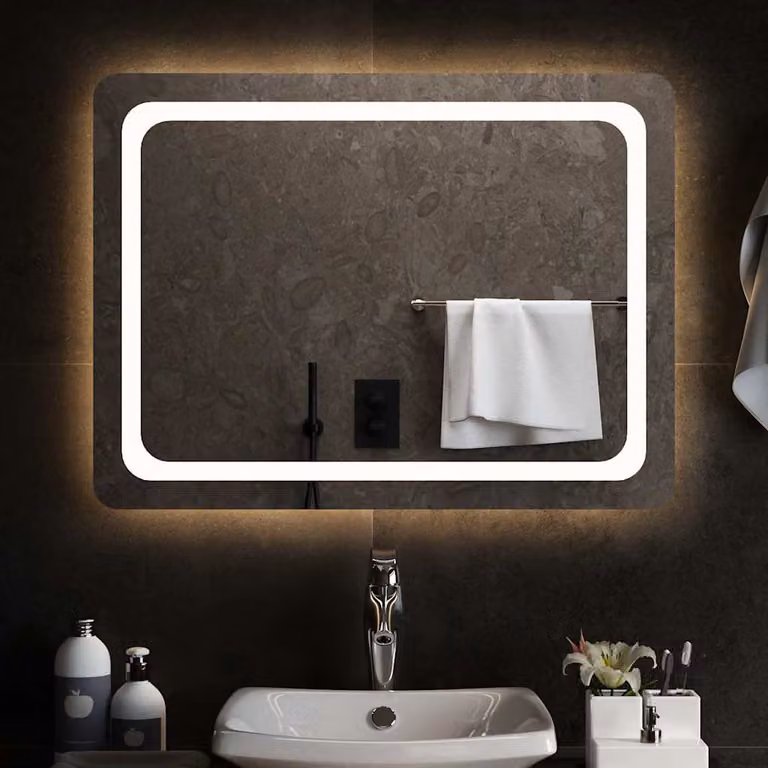 Specchio da bagno rettangolare con luci LED vidaXL, colore grigio e trasparente, L: 80 cm, H: 60 cm