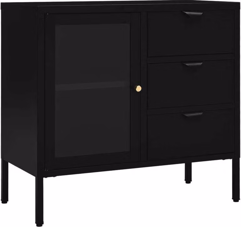 Credenza Nera 75x35x70 cm in Acciaio e Vetro Temperato