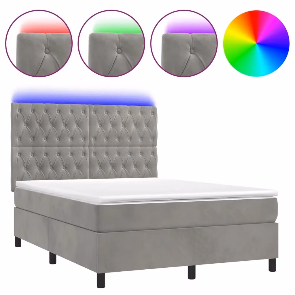 Letto matrimoniale con materasso ibrido e illuminazione LED vidaXL in velluto grigio chiaro, L/P/H: 203 x 144 x 128 cm – 2
