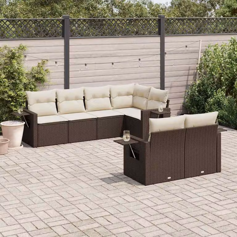vidaXL Set Divani da Giardino a L 7 pz in Polyrattan Marrone e Bianco con Cuscini e Tavolino