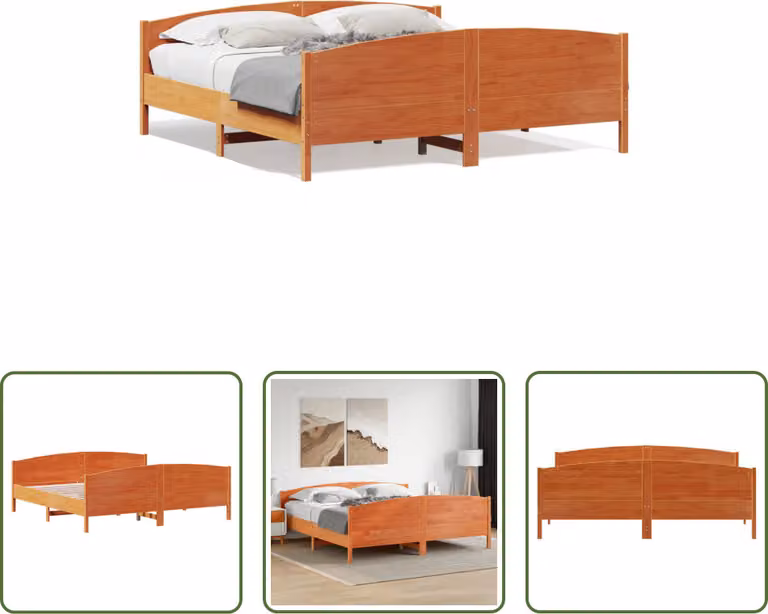 The Living Store Letto in legno massiccio con testiera marrone cera 180x200 cm pino