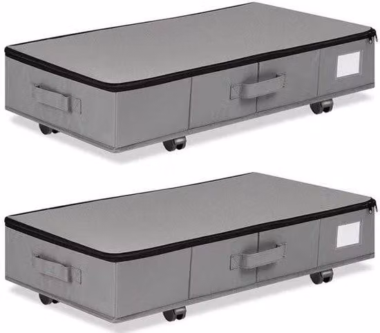 Organizzatori sottoletto con ruote e coperchio - 2 pezzi - 38 litri - 60x40x16 cm - Organizzatori per abbigliamento e biancheria da letto - Maniglie più resistenti - Tessuto Oxford - Rotazione a 360° - Grigio
