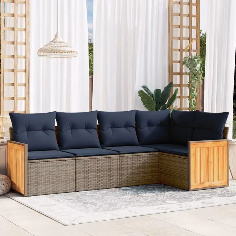 Set di divani da giardino vidaXL a forma di L in polyrattan con cuscini grigi e struttura in acciaio rivestito