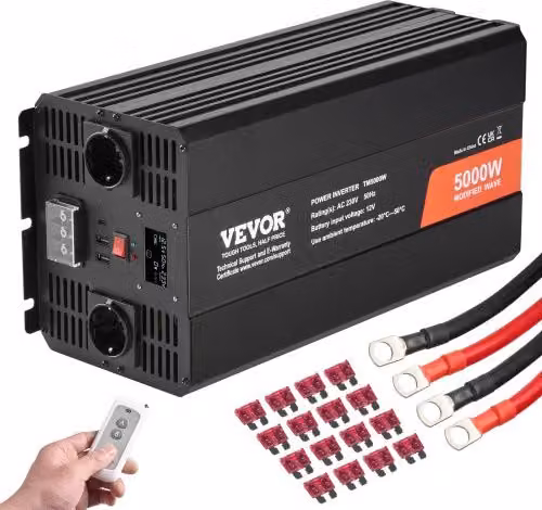 VEVOR Convertitore di Potenza a Onda Sinusoidale Modificata 5000 W da 12 V a 230 V con Display LCD e Telecomando, Nero