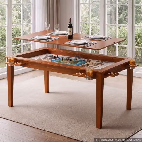 VEVOR Tavolo da Gioco 2 in 1 e Tavolo da Pranzo per 6 Giocatori, Piano in Legno Rimovibile con Tappetino in Pelle, 6 Portabicchieri e Vassoi Scorrevoli, Colore Marrone, L: 160 cm, P: 100 cm, H: 76 cm