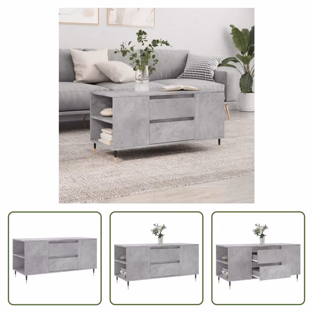 The Living Store tavolino in cemento grigio 102x44,5x50 cm materiale a base di legno