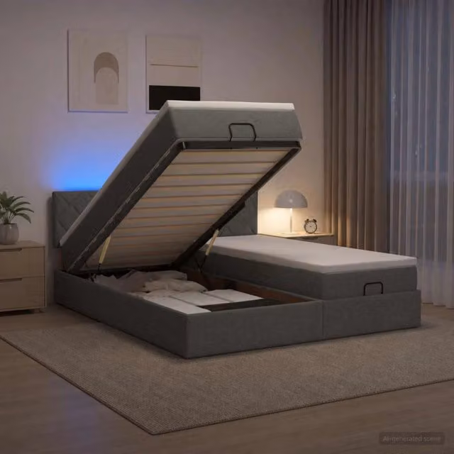 Letto Ottomano con Materasso Ibrido vidaXL, Grigio e Bianco, con Base a Sollevamento, Illuminazione LED Sotto il Letto e Porte di Ricarica USB, L/P/H: 203 x 160 x 88 cm