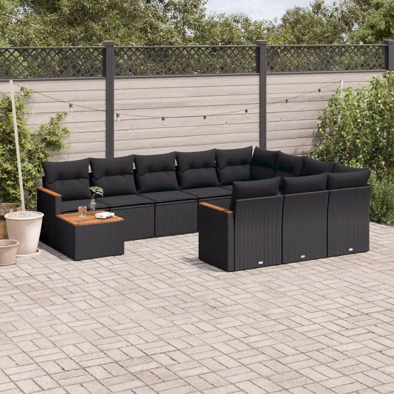 vidaXL Set Divani da Giardino 11 pz in Polyrattan Nero con Cuscini e Tavolino da Esterno
