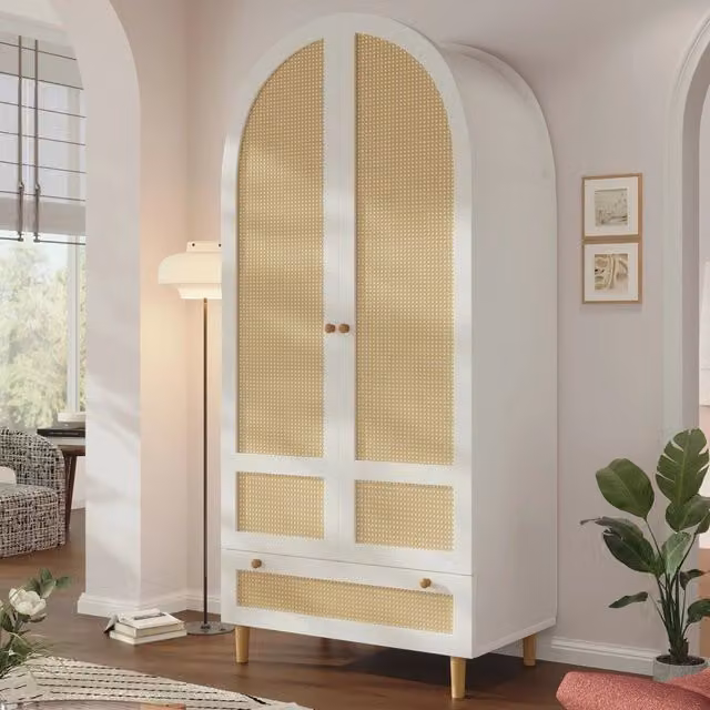 Armadio in stile scandinavo bianco con ante a battente e cassetti interni, L: 80 cm, P: 50 cm, H: 180 cm