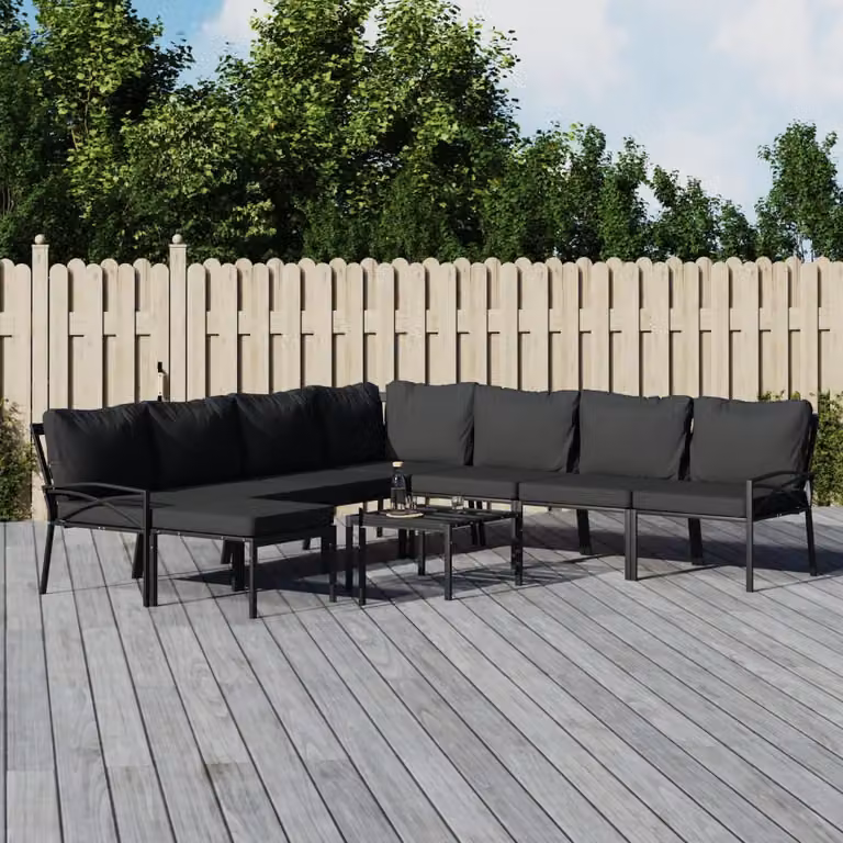 vidaXL Set Salotto da Giardino Moderno a L in Acciaio con Cuscini Grigio e Nero, 9 Pezzi